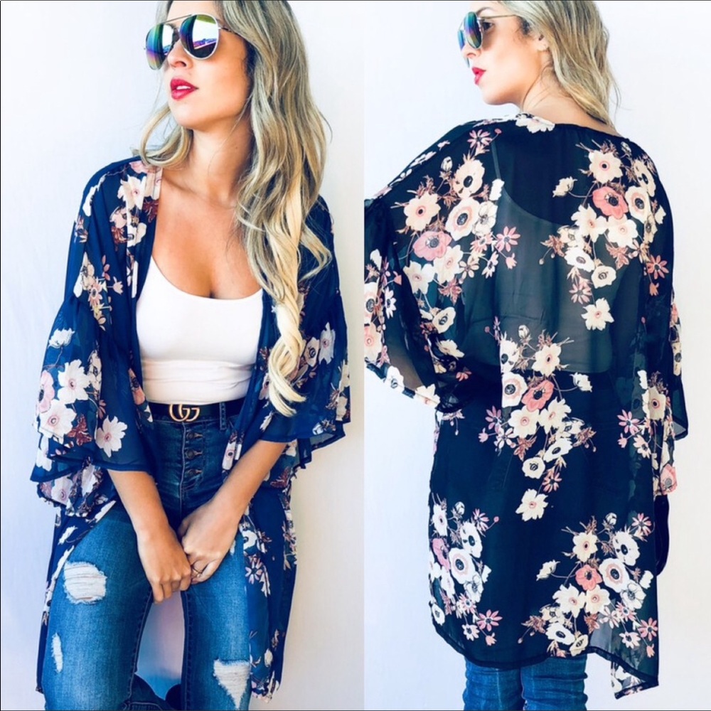 Floral Navy Chiffon Kimono - Picture 2 of 4